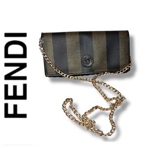 FENDI Black and Taupe Striped Wallet with
Removable Gold Tone Chain Vintage